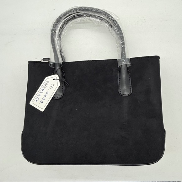 Handbags - Black Faux Suede Tote Bag with Top Handles and Shoulder Strap